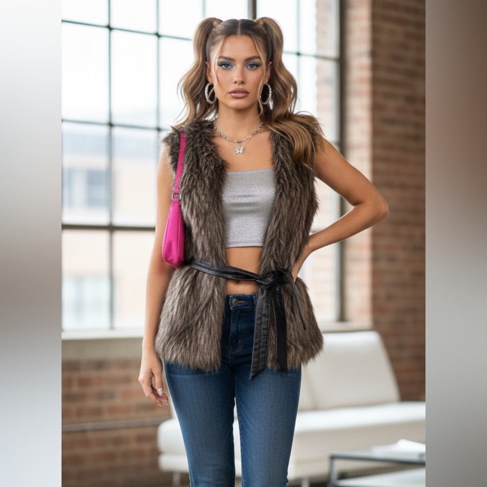VTG Cache Y2K size M faux fur leather accent waist tie vest
